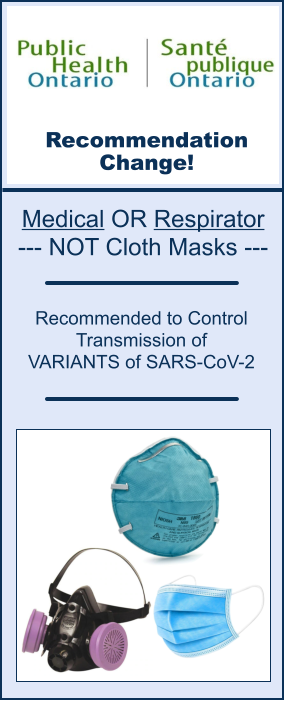 Recommendation Change! Recommended to Control  Transmission of  VARIANTS of SARS-CoV-2 Medical OR Respirator --- NOT Cloth Masks ---