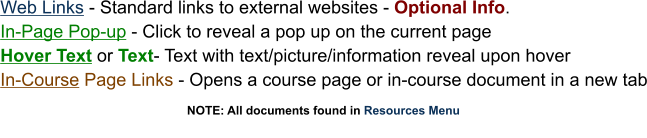 Web Links - Standard links to external websites - Optional Info. In-Page Pop-up - Click to reveal a pop up on the current page Hover Text or Text- Text with text/picture/information reveal upon hover In-Course Page Links - Opens a course page or in-course document in a new tab                                                                       NOTE: All documents found in Resources Menu