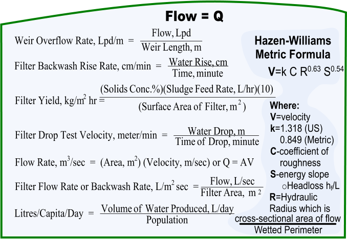 Flow = Q Filter Backwash Rise Rate, cm/min  =    minute Time, cm Rise, Water  Filter Drop Test Velocity, meter/min  =    minute Drop, of Time  m Drop, Water  Filter Flow Rate or Backwash Rate, L/m 2  sec  =   2 m Area, Filter  L/sec Flow, Filter Yield, kg/m 2  hr = ) m Filter, of Area (Surface L/hr)(10) Rate, Feed %)(Sludge Conc. (Solids 2 Flow Rate, m 3 /sec  =  (Area, m 2 ) (Velocity, m/sec) or Q = AV   Litres/Capita/Day  =   Population L/day Produced,  Water  of Volume Weir Overflow Rate, Lpd/m  =   m Length, Weir  Lpd Flow, V=k C R0.63 S0.54 Where: V=velocity k=1.318 (US) 	    0.849 (Metric) C-coefficient of      roughness S-energy slope  o	Headloss hf/L R=Hydraulic  Radius which is  Hazen-Williams Metric Formula cross-sectional area of flow         Wetted Perimeter