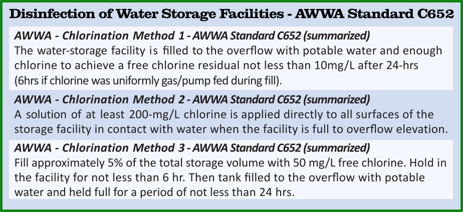 AWWA - Chlorination Method 1 - AWWA Standard C652 (summarized) The water-storage facility is filled to the overflow with potable water and enough chlorine to achieve a free chlorine residual not less than 10mg/L after 24-hrs  (6hrs if chlorine was uniformly gas/pump fed during fill). AWWA - Chlorination Method 2 - AWWA Standard C652 (summarized) A solution of at least 200-mg/L chlorine is applied directly to all surfaces of the storage facility in contact with water when the facility is full to overflow elevation. AWWA - Chlorination Method 3 - AWWA Standard C652 (summarized) Fill approximately 5% of the total storage volume with 50 mg/L free chlorine. Hold in the facility for not less than 6 hr. Then tank filled to the overflow with potable water and held full for a period of not less than 24 hrs.   Disinfection of Water Storage Facilities - AWWA Standard C652